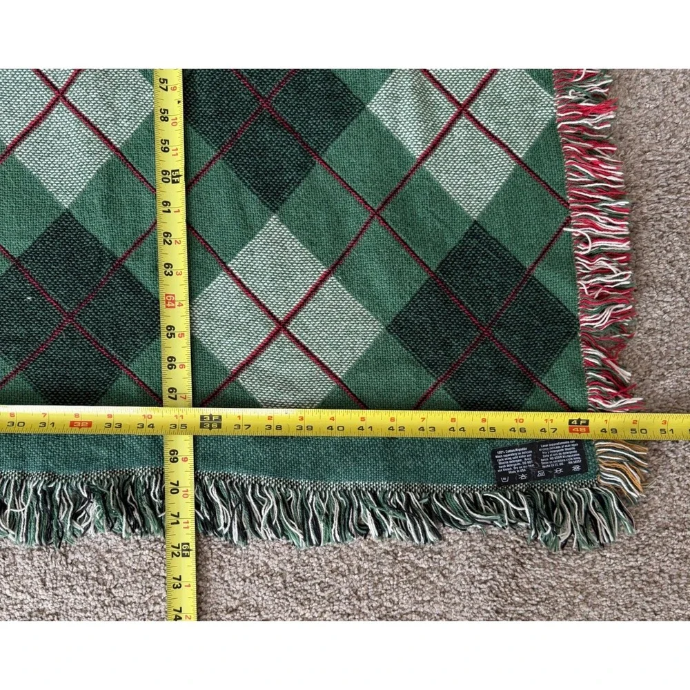 Vintage Golf Woven Cotton Tapestry Throw Blanket Argyle Fringe Made in USA 50x72